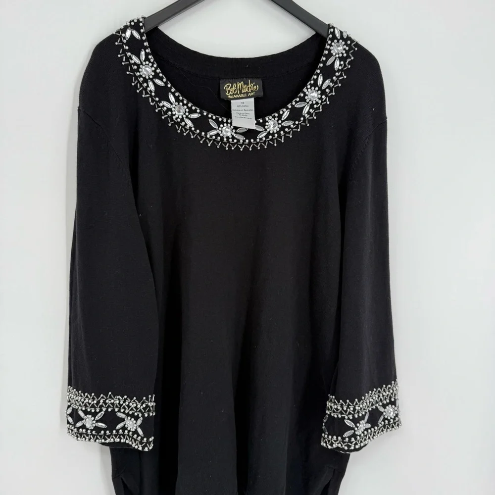 Bob Mackie Wearable Art Black Sweater Size 1X Pullover Beaded Neckline /cuffs